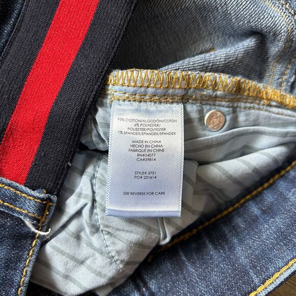 CAbi Dark Wash Mid-Rise Navy/Red Waistband Button Fly Skinny Denim Jeans Size 8 - Picture 8 of 9